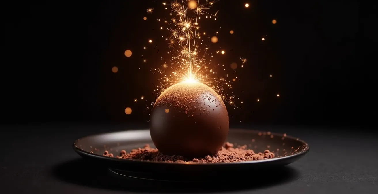 Dessert au chocolat avec effet pétillant visible et texture contrastée en macro