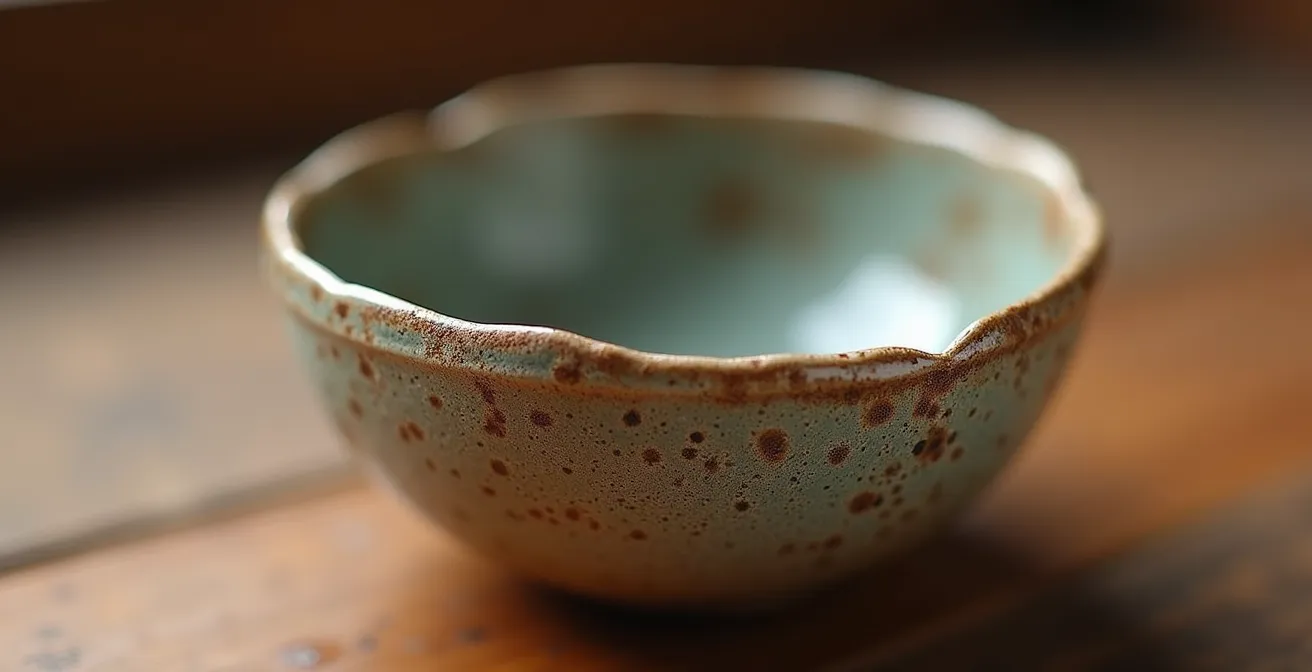 Gros plan sur la texture irrégulière d'un bol en grès artisanal avec émail craquelé