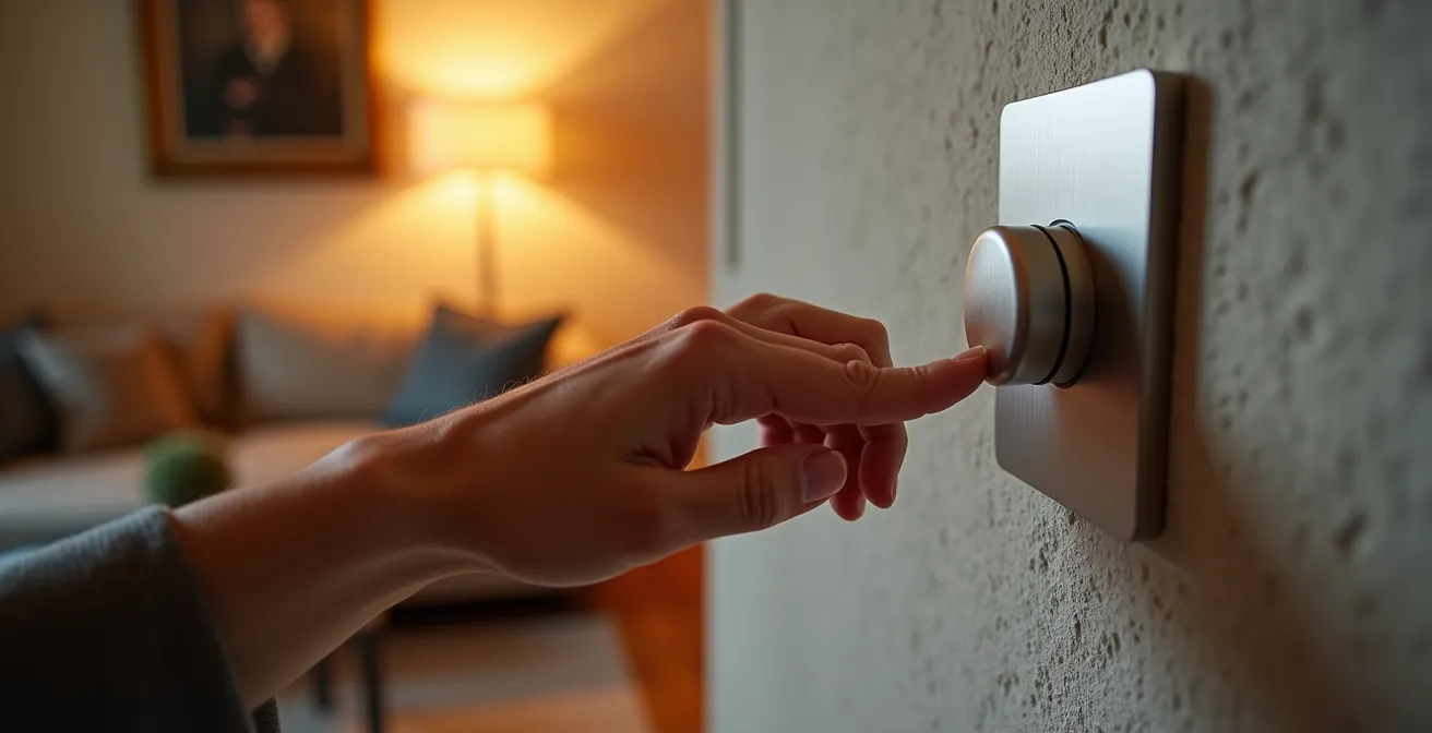 Main ajustant un variateur mural élégant dans un intérieur français contemporain