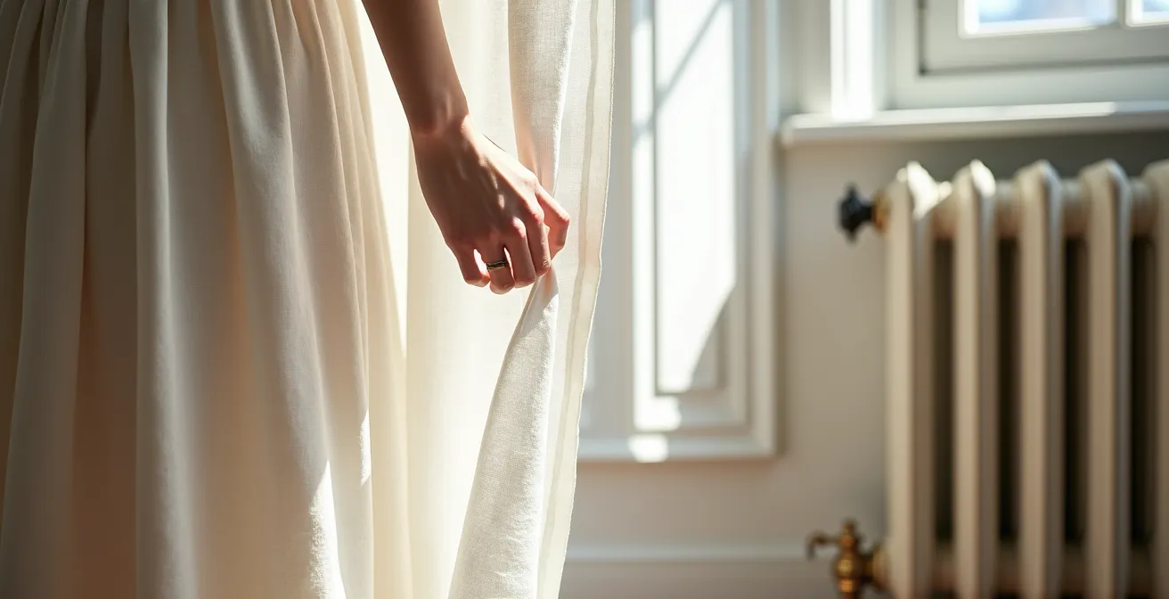 Voilage blanc tombant élégamment devant un radiateur en fonte dans un appartement parisien